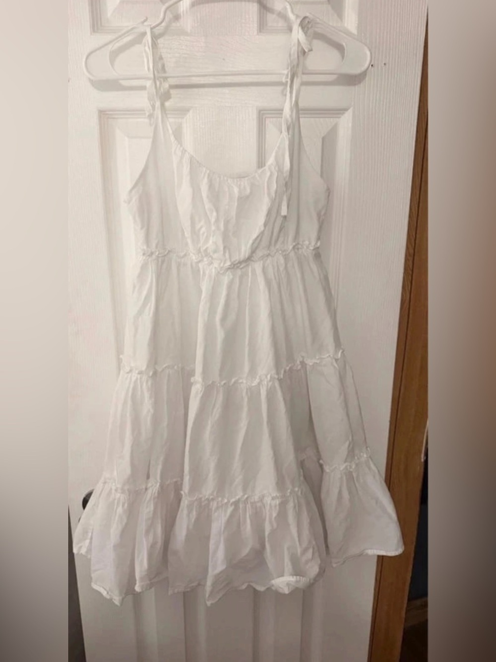 Sleeveless White Tiered Mini Dress with Tie Straps